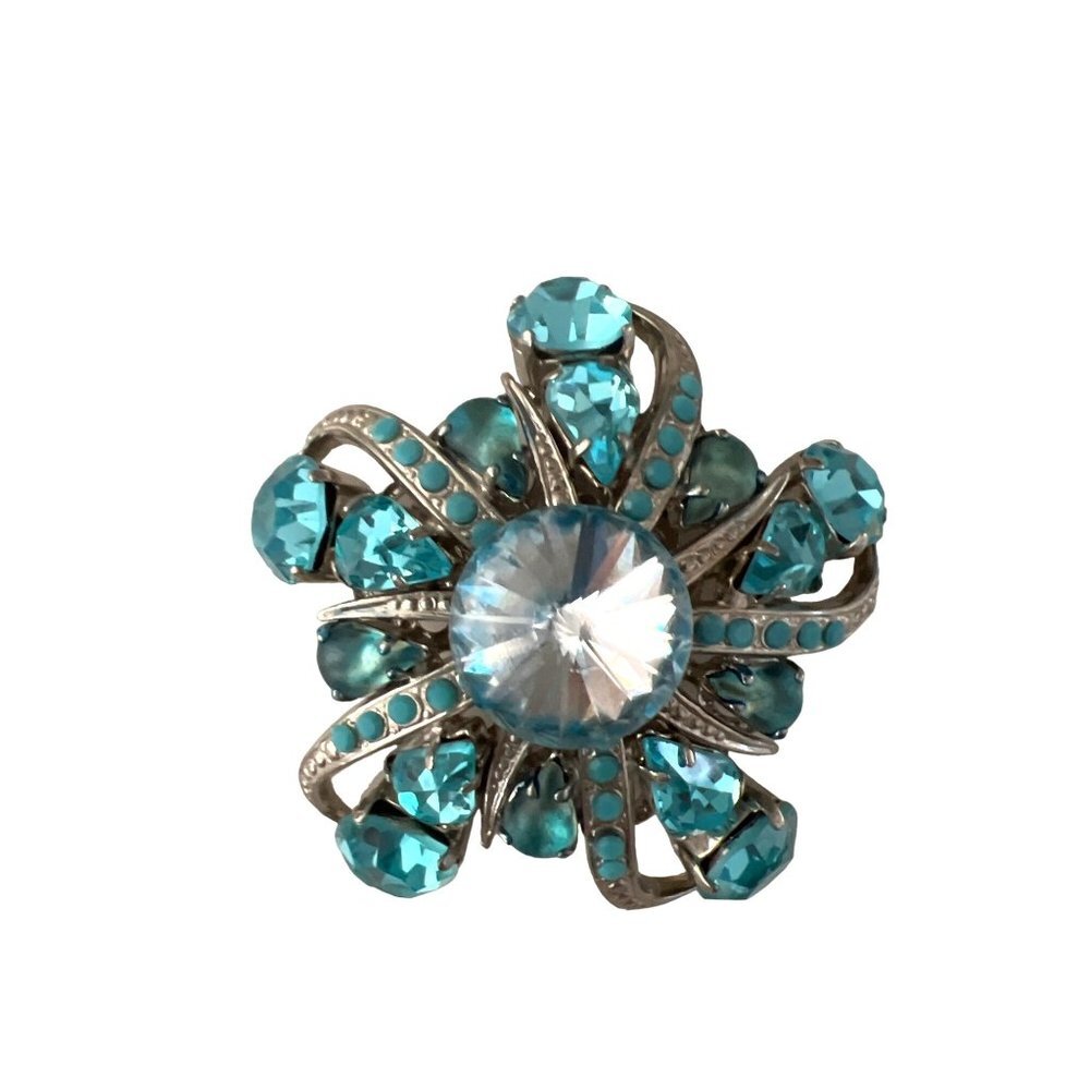 Vintage Prong Set Aquamarine Glass Rhinestone Silvertone Enamel Brooch Marine